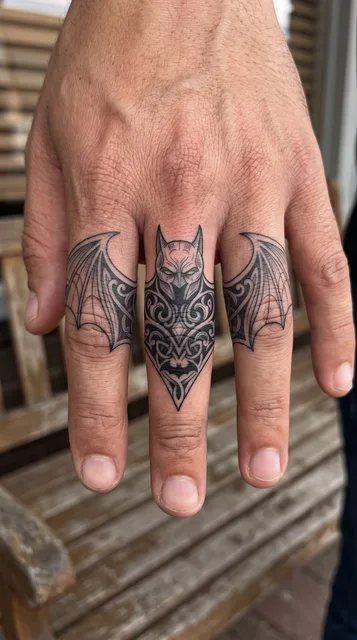 Black and grey ornamental batman tattoo on a man's finger
