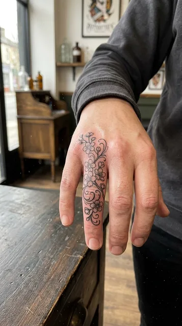 Black and grey ornamental cherry blossom tattoo on a woman's finger