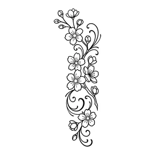 Black and grey ornamental cherry blossom tattoo design, drawn flat for a finger tattoo