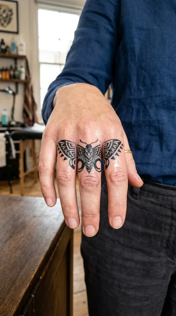 Black and white tribal butterfly tattoo on a woman's finger