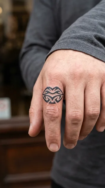 Black and white tribal lips tattoo on a man's finger