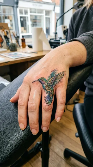 Color biomechanical hummingbird tattoo on a woman's finger