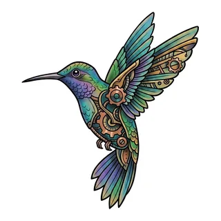 Color biomechanical hummingbird tattoo design, drawn flat for a finger tattoo