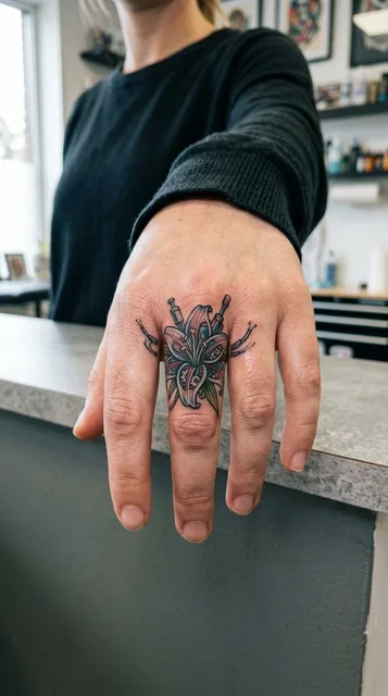 Lily tattoo on the finger