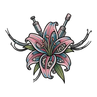 Color biomechanical lily tattoo design, drawn flat for a finger tattoo