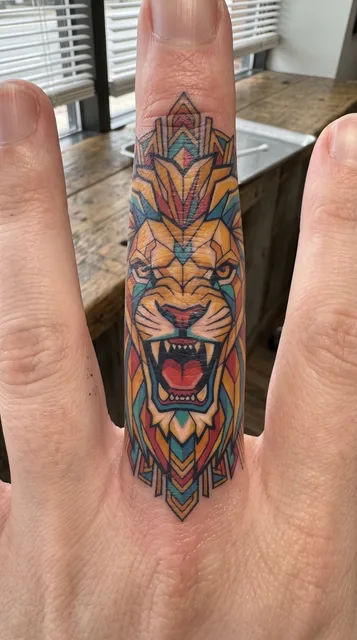 Color geometric lion tattoo on a woman's finger