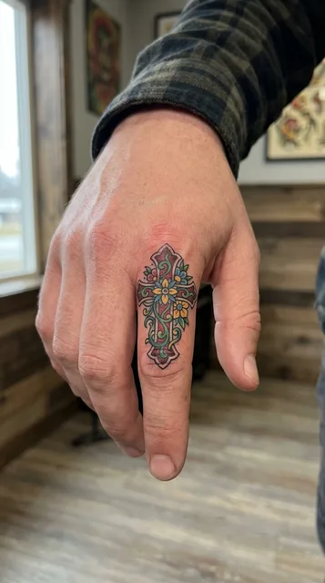Color illustrative cross tattoo on a man's finger