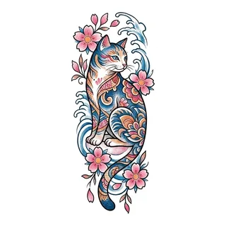 Color Japanese cat tattoo design, drawn flat for a finger tattoo