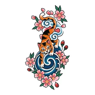 Color Japanese cat tattoo design, drawn flat for a finger tattoo