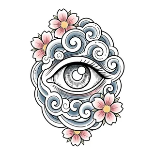 Color Japanese eye tattoo design, drawn flat for a finger tattoo