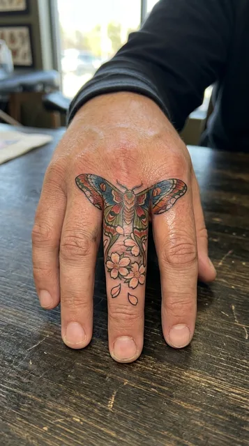 Color Japanese moth tattoo on a man's finger