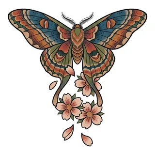 Color Japanese moth tattoo design, drawn flat for a finger tattoo