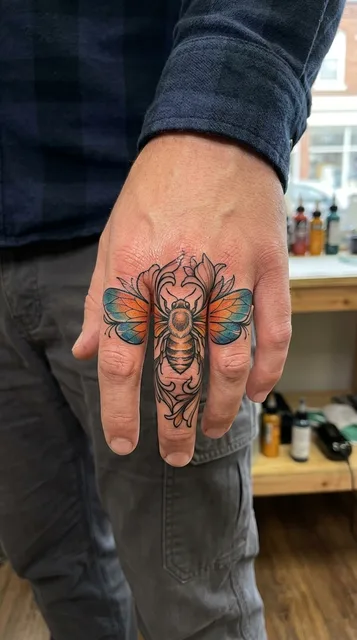 Color neo traditional bee tattoo on a man's finger