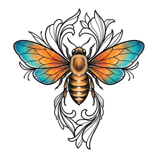 Color neo traditional bee tattoo design, drawn flat for a finger tattoo