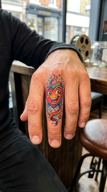 Color new school heart tattoo on a man's finger