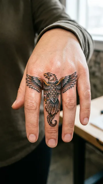 Color traditional eagle tattoo on a woman's finger
