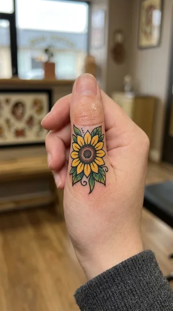 Sunflower tattoo on the finger