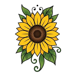 Color traditional sunflower tattoo design, drawn flat for a finger tattoo
