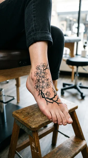 Black and white blackwork cherry blossom tattoo on a woman's foot