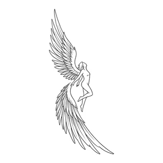 Black and white fine line angel tattoo design, outline stencil for a foot tattoo