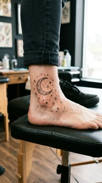 Black and white fine line moon tattoo on a man's foot