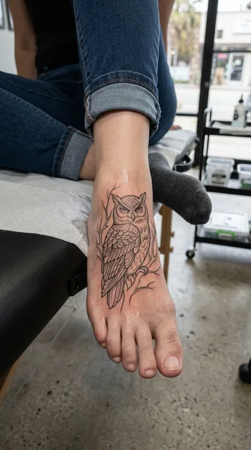 Black and white fine line owl tattoo on a woman's foot