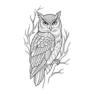 Black and white fine line owl tattoo design, outline stencil for a foot tattoo