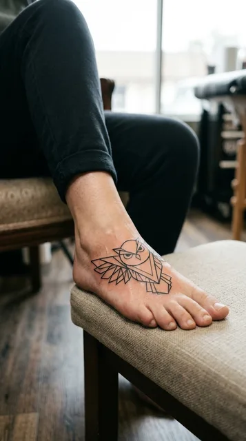 Black and white geometric owl tattoo on a woman's foot