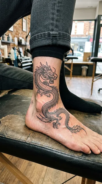 Black and grey illustrative dragon tattoo on a man's foot