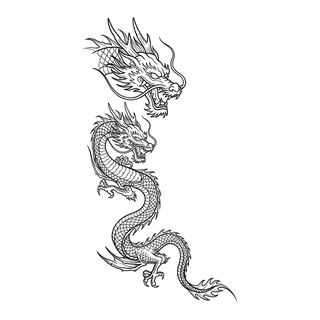 Black and grey illustrative dragon tattoo design, drawn flat for a foot tattoo