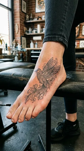 Black and grey ornamental hummingbird tattoo on a woman's foot