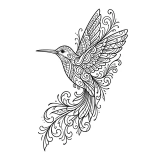 Black and grey ornamental hummingbird tattoo design, drawn flat for a foot tattoo