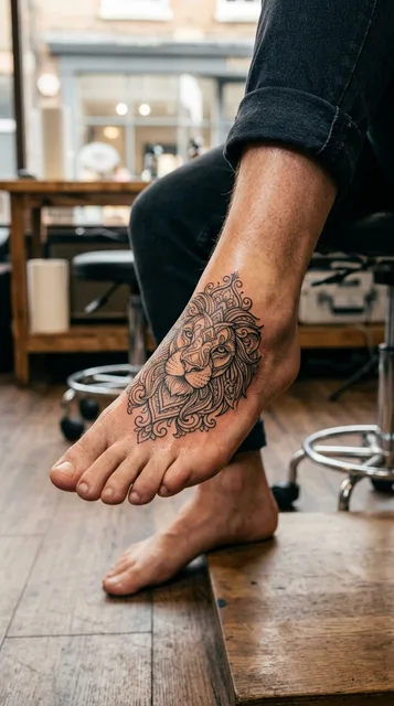 Black and grey ornamental lion tattoo on a man's foot