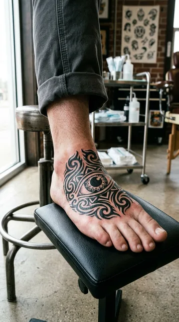 Black and white tribal eye tattoo on a man's foot