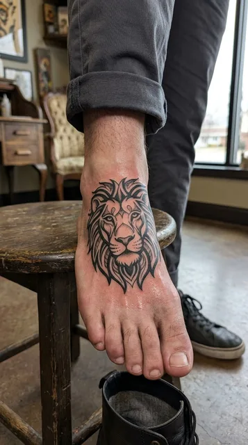 Black and white tribal lion tattoo on a man's foot