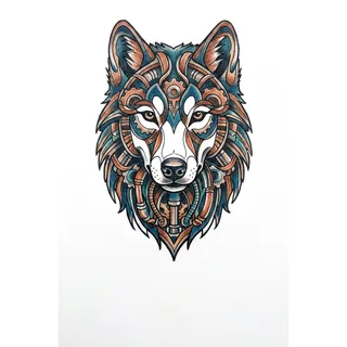 Color biomechanical wolf tattoo design, drawn flat for a foot tattoo
