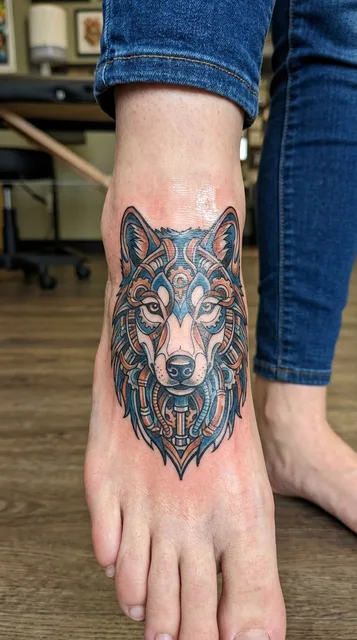 Color biomechanical wolf tattoo on a woman's foot