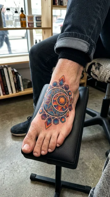 Color geometric ornament tattoo on a man's foot