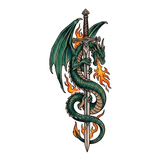 Color illustrative dragon tattoo design, drawn flat for a foot tattoo