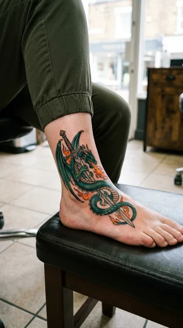 Color illustrative dragon tattoo on a woman's foot