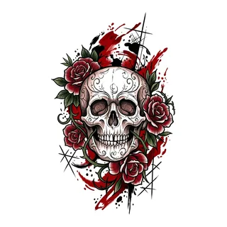 Color illustrative skull tattoo design, drawn flat for a foot tattoo