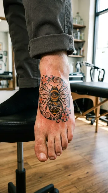 Color Japanese bee tattoo on a man's foot