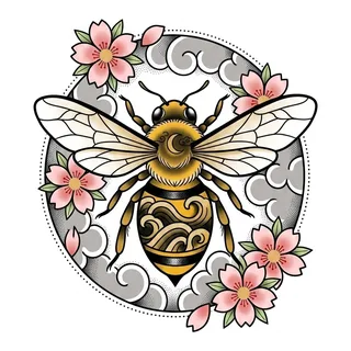 Color Japanese bee tattoo design, drawn flat for a foot tattoo
