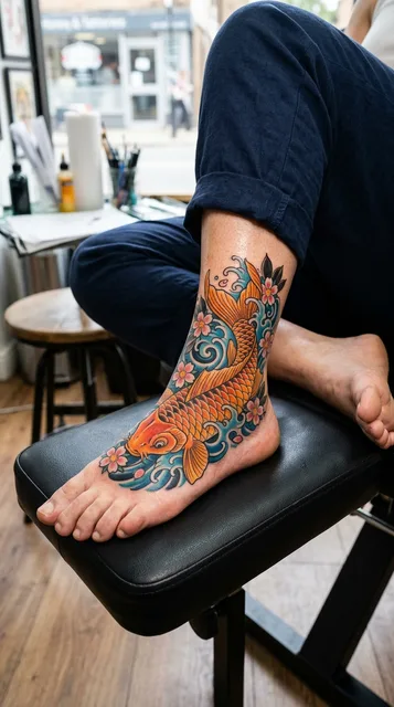 Color Japanese koi fish tattoo on a woman's foot