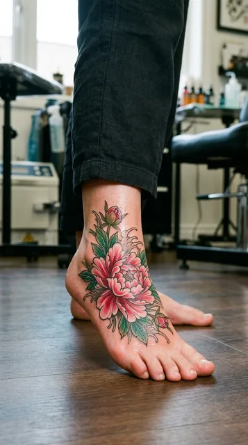 Color Japanese peony tattoo on a woman's foot