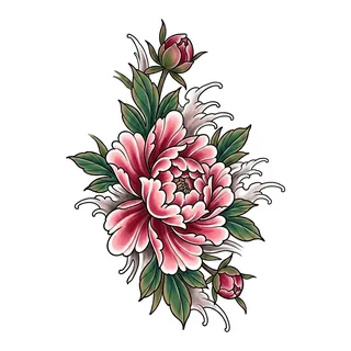 Color Japanese peony tattoo design, drawn flat for a foot tattoo