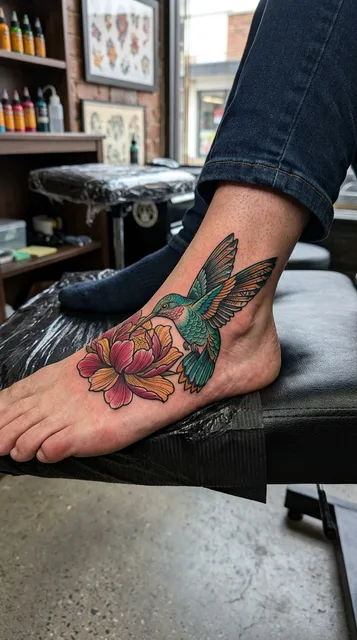 Color neo traditional hummingbird tattoo on a man's foot