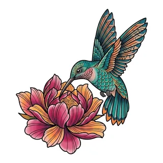 Color neo traditional hummingbird tattoo design, drawn flat for a foot tattoo