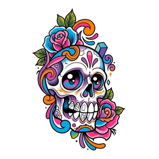 Color new school skull tattoo design, drawn flat for a foot tattoo