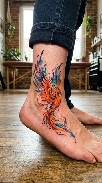 Color watercolor phoenix tattoo on a man's foot